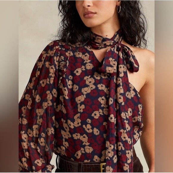 Polo Ralph Lauren Georgette Tie-Neck One-Shoulder Blouse 4 Chiffon Chic Floral - Picture 2 of 13